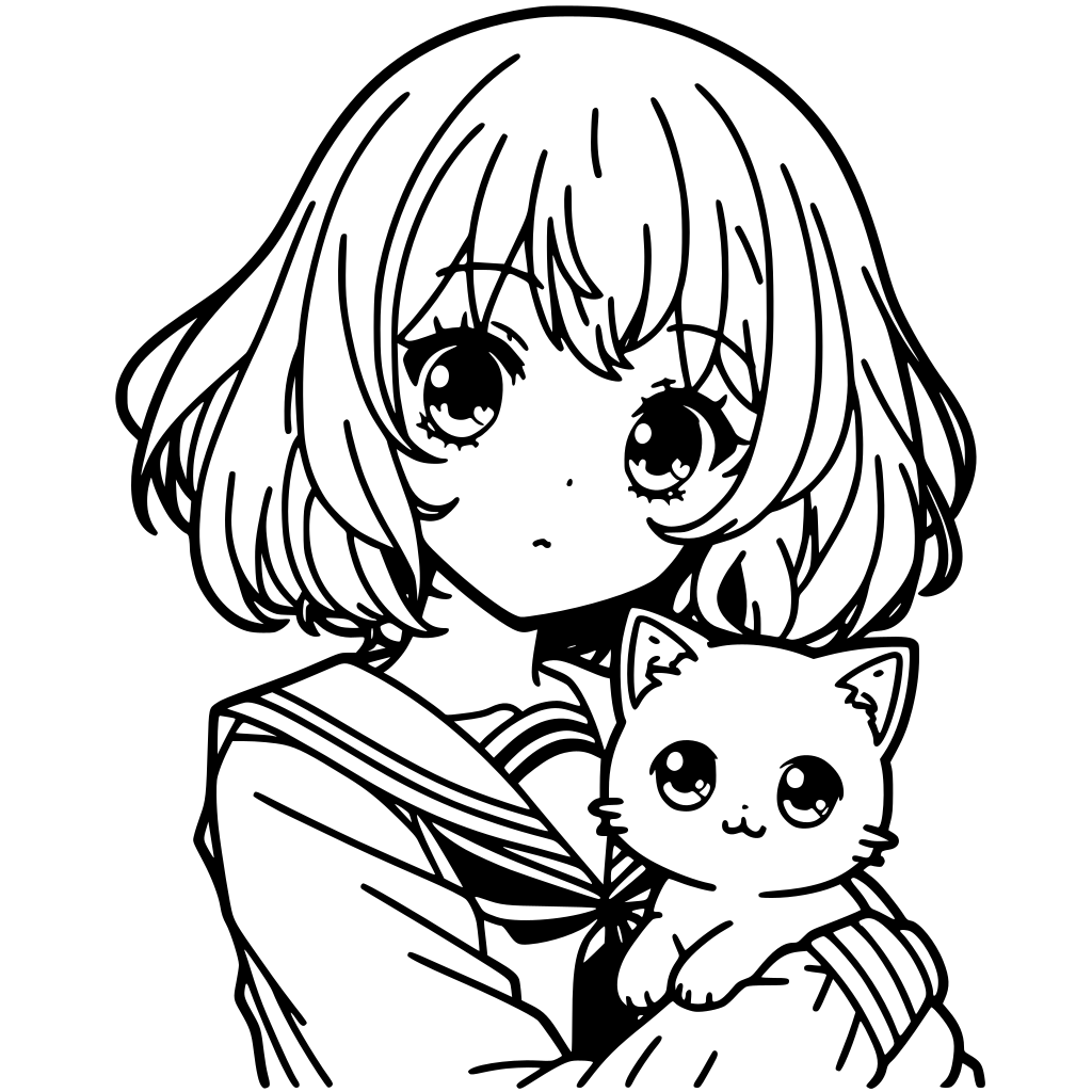 Page De Coloriage Fille Manga Avec Chat à Imprimer Gratuit