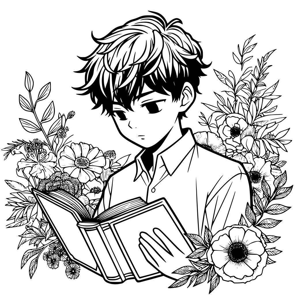 Coloriage Garçon manga avec livre à imprimer gratuit - MonColoriage.fr