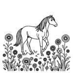 Aperçu du dessin cheval avec des fleurs à imprimer