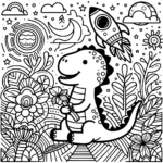 Aperçu du dessin dinosaure avec une fusée à imprimer